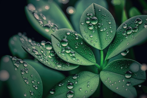 녹색 식물에 있는 이슬방울의 근접 초점 이미지
