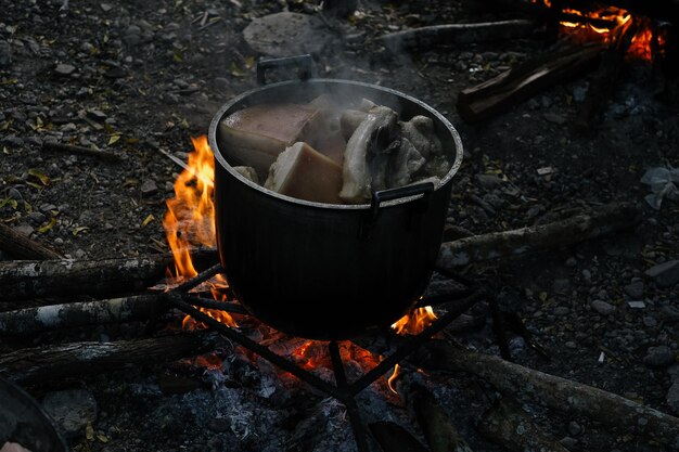 Photo close-up of food on campfire