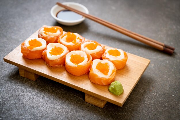 Close-up of food on cutting board on table