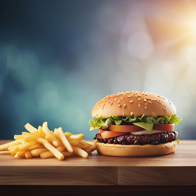 Close up of food french fries and hamburger created with generative AI technology