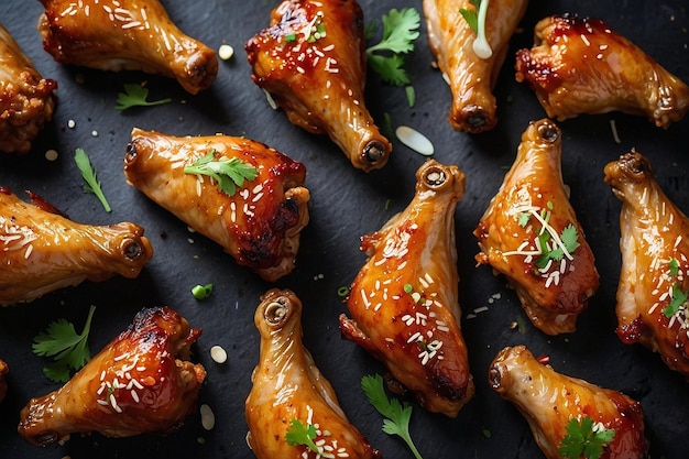 a close up of food on a grill with chicken wings and rice