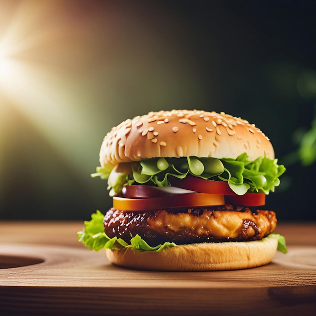 Close up of food hamburger on wood table created with generative AI technology