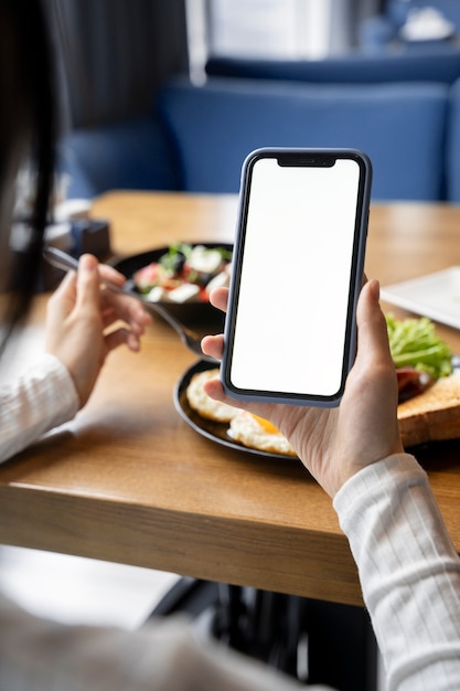 Photo close up on food lover eating