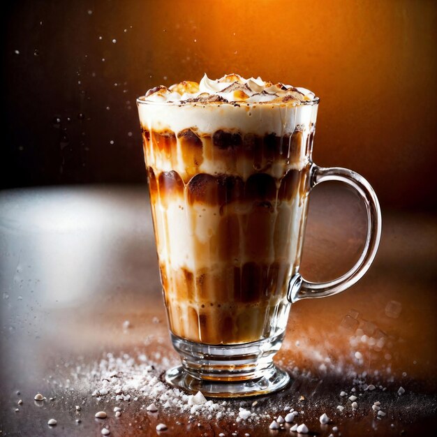 Foto primo piano della fotografia del cibo iced coffee latte con panna montata con sfondo nero ia generativa