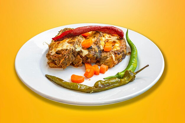 Close-up of food in plate on red background