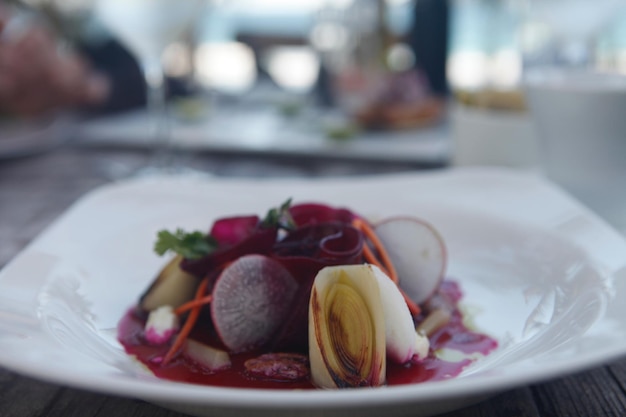 Close-up of food in plate on table