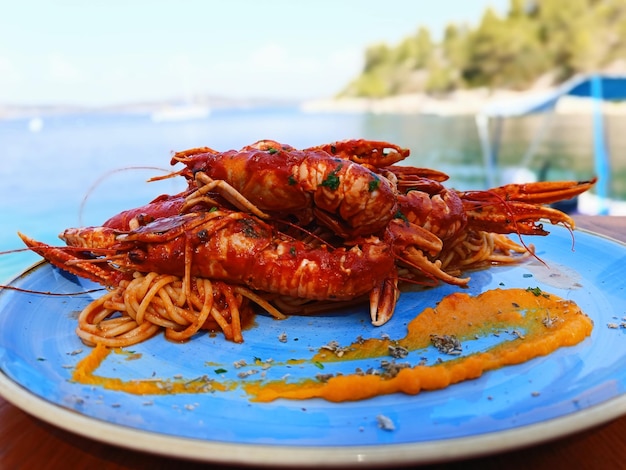 テーブルの上の皿にある食料のクローズアップ