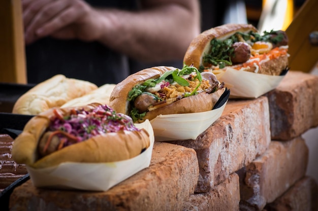 close-up of food in row on bricks