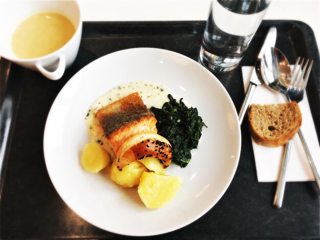 Close-up of food served on table