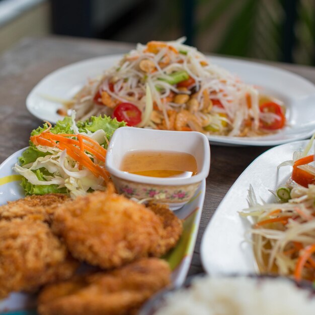 Close-up of food served on table