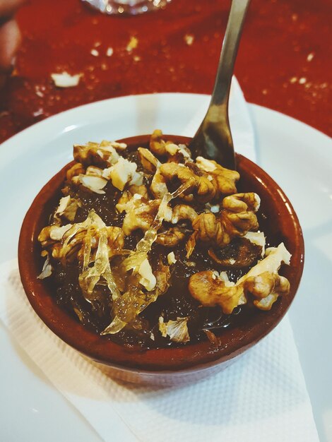 Close-up of food served on table