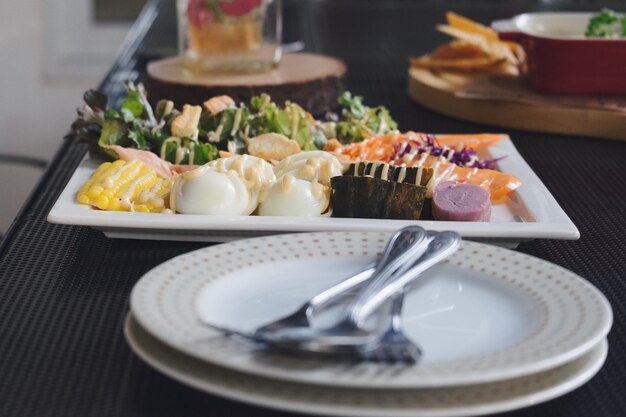 Close-up of food served on table