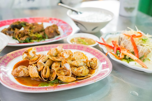 Close-up of food served on table