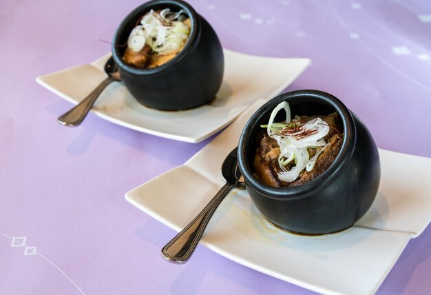 Close-up of food served in tray on table