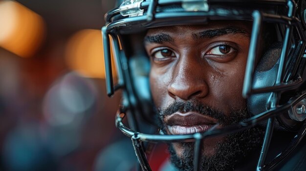 Photo close up of a football player wearing a helmet generative ai