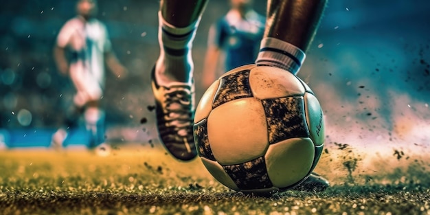 Photo close up football or soccer player foot playing with the ball in stadium generative ai