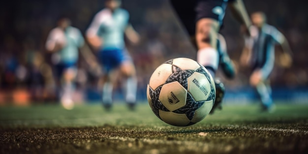 Close Up Football or Soccer Player Foot Playing With the Ball in Stadium Generative AI