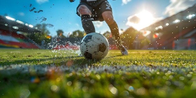 Photo close up of football or soccer player legs running fast and kicking a ball while training at stadium field football championship wide banner concept
