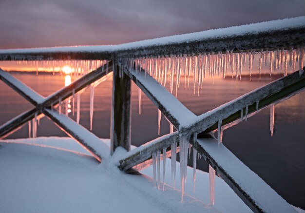 Close-up of footbridge over river during winter