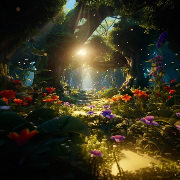 A close up of a forest with flowers and trees in the sunlight generative ai