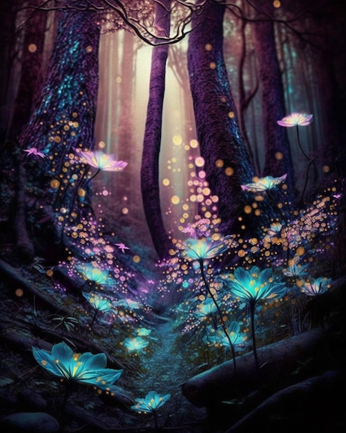 Photo a close up of a forest with many butterflies flying around generative ai