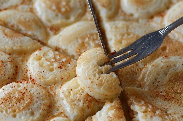 Close up of a fork cutting into a soft pancake