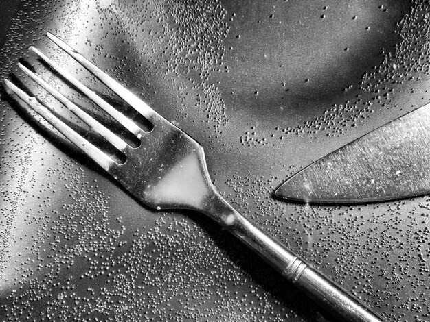 Close-up of fork and knife in water