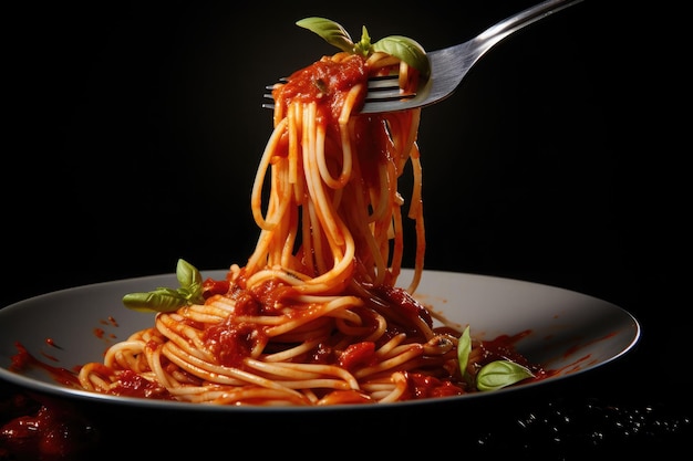 Close up of a fork picking spaghetti with tomato sauce on black background