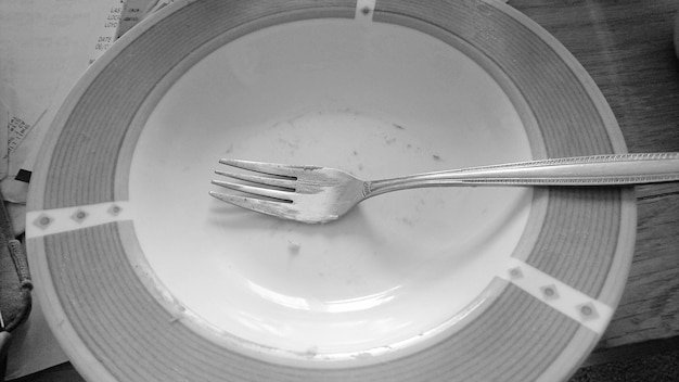 Close-up of fork in plate on table