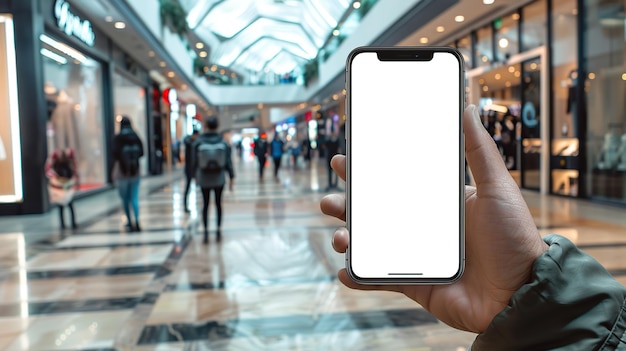 Foto close-up foto hand met smartphone met wit mockup scherm in een winkelcentrum