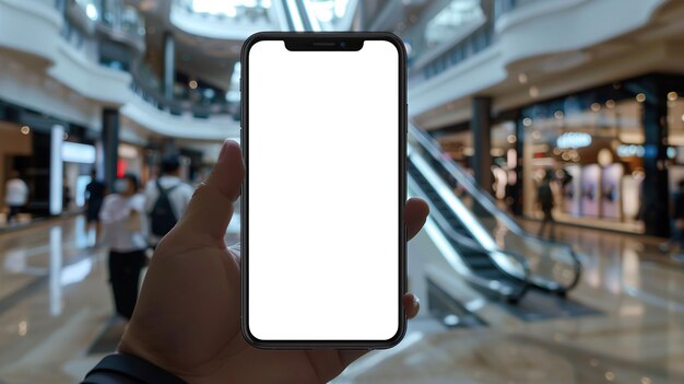 Close-up foto hand met smartphone met wit mockup scherm in een winkelcentrum