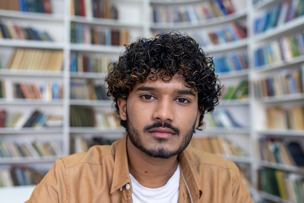Close-up foto portret van een jonge Indiase mannelijke student die in de bibliotheek zit bij de boekenplanken