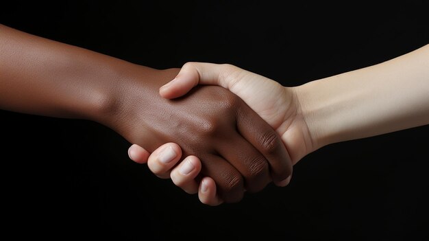 Close-up foto van de hand tijdens het schudden van de hand van mensen met zwarte huid en mensen met witte huid