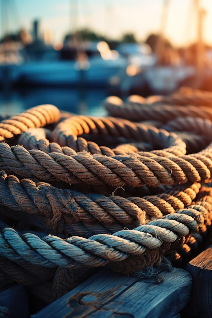 Close-up foto van de scheepsdraden met de zee