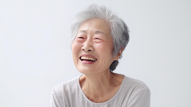 Close-up foto van een 80-jarige Chinese vrouw die lacht met de ziekte van Alzheimer op witte achtergrond