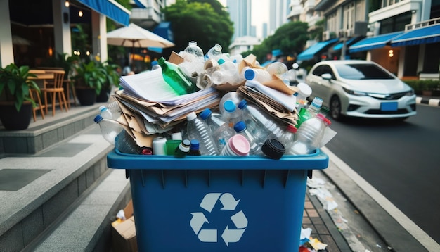 Close-up foto van een blauwe recycle bin geplaatst op een trottoir van de stad vol met papieren plastic flessen en glazen potten