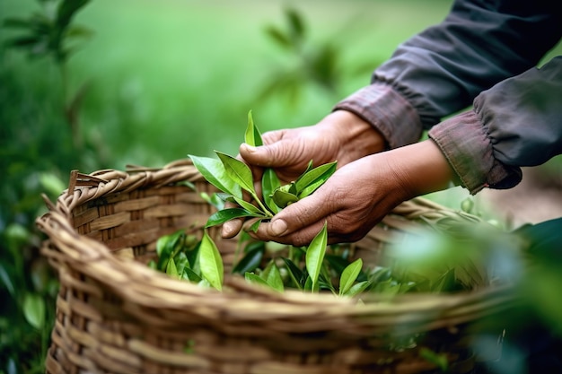 Close-up foto van een boer die met de hand theeblaadjes van de boom plukt en in een bamboemand bij de thee doet