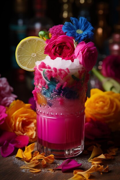 Close-up foto van een cocktail versierd met bloemen Een heerlijke kleurrijke drank met fruit