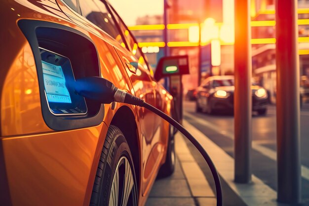 Close-up foto van een elektrische auto die wordt opgeladen bij een benzinestation Generatieve AI