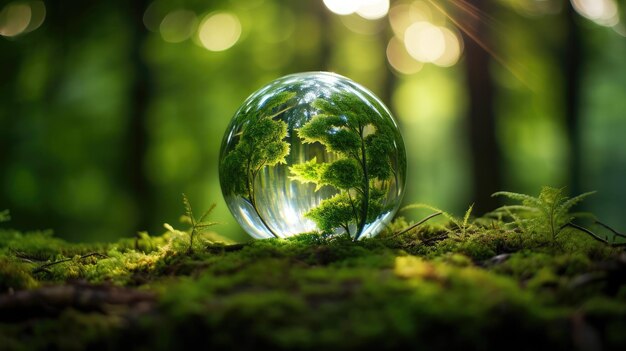 Close-up foto van een glazen bol in een weelderig groen bos