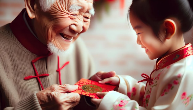 Close-up foto van een glimlachende ouderling hun gezicht gerimpeld met leeftijd en wijsheid die een levendige rode envelop hongbao aan een kind presenteert