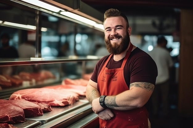 Close-up foto van een knappe, gelukkige, dikke, jonge, gespierde slager die bij de vleeswinkel staat.
