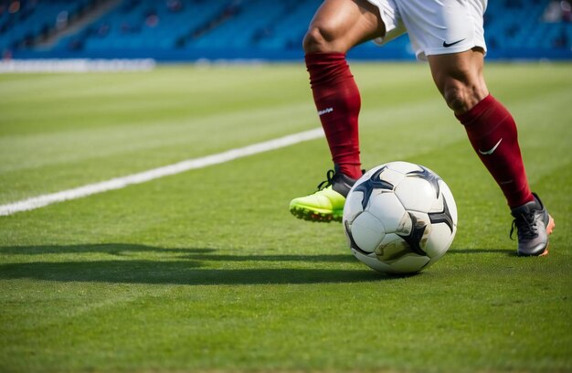 Foto close-up foto van een professionele voetballer die voetbal speelt op een groen grasveld op een groot stadion die de bal dribbelt tegen tegenstanders voetbalwedstrijd op een veld