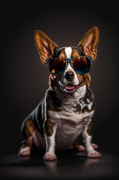 close-up foto van een schattige lachende hond met een bril en glamoureuze kleding generatieve AI