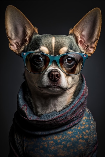 close-up foto van een schattige lachende hond met een bril en glamoureuze kleding generatieve AI