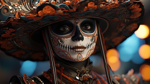 Close-up foto van een vrouw in traditioneel kostuum van de Dag van de Doden en make-up Dia de Muertos