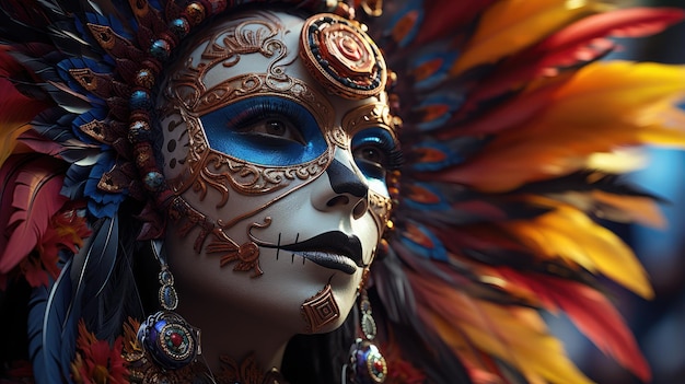 Close-up foto van een vrouw in traditioneel kostuum van de Dag van de Doden en make-up Dia de Muertos