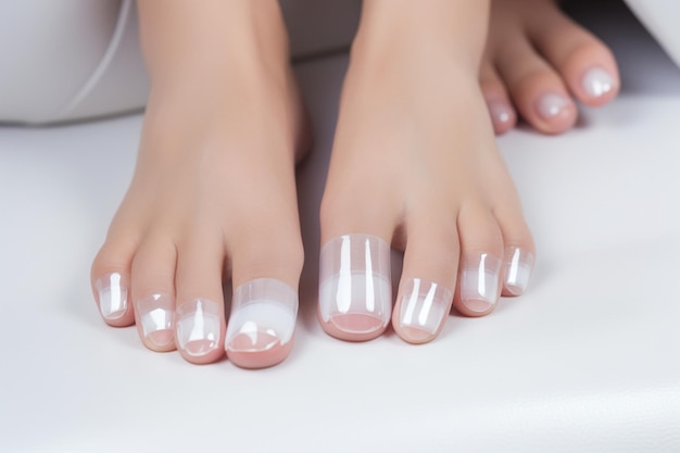 Close-up foto van een vrouwelijke voet met witte Franse pedicure op nagels