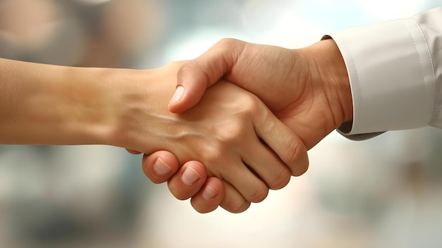 Foto close-up foto van een zakenvrouw en een man die elkaar de hand schudden tijdens een kantoorvergadering concept business meeting handshake close-up professional portraits
