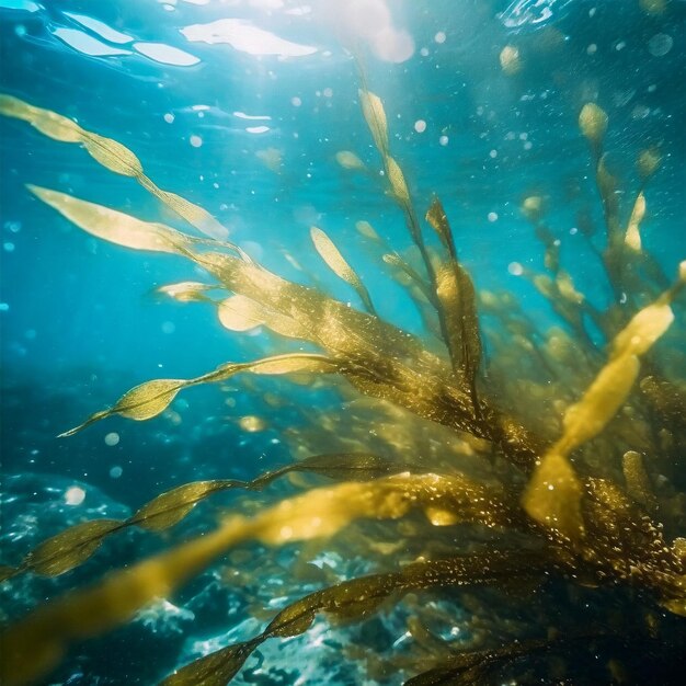 Foto close-up foto van een zeewierblad onder water